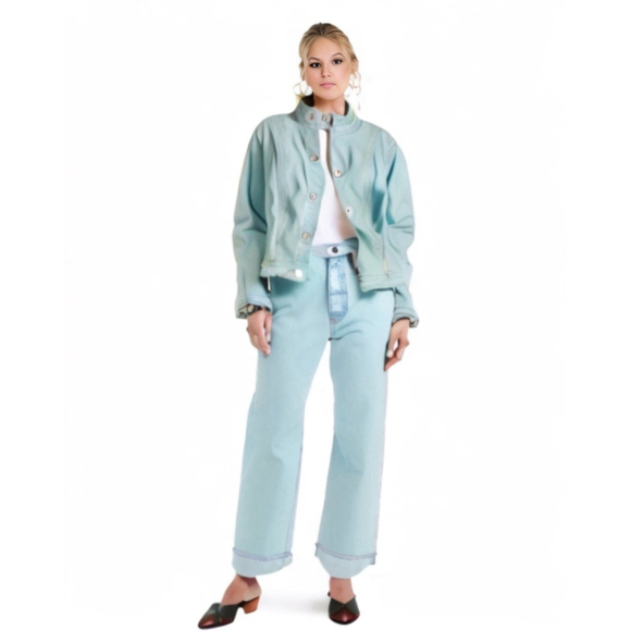 Chico’s Teal Blue Denim Jacket Women’s Size XS Button Front, Mandarin Collar - Picture 1 of 13